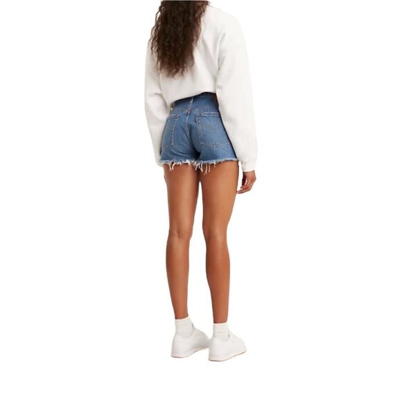 Levi's 501 Original High Rise Distressed Shorts Athens Medium Wash 32 Button Fly - Picture 2 of 9